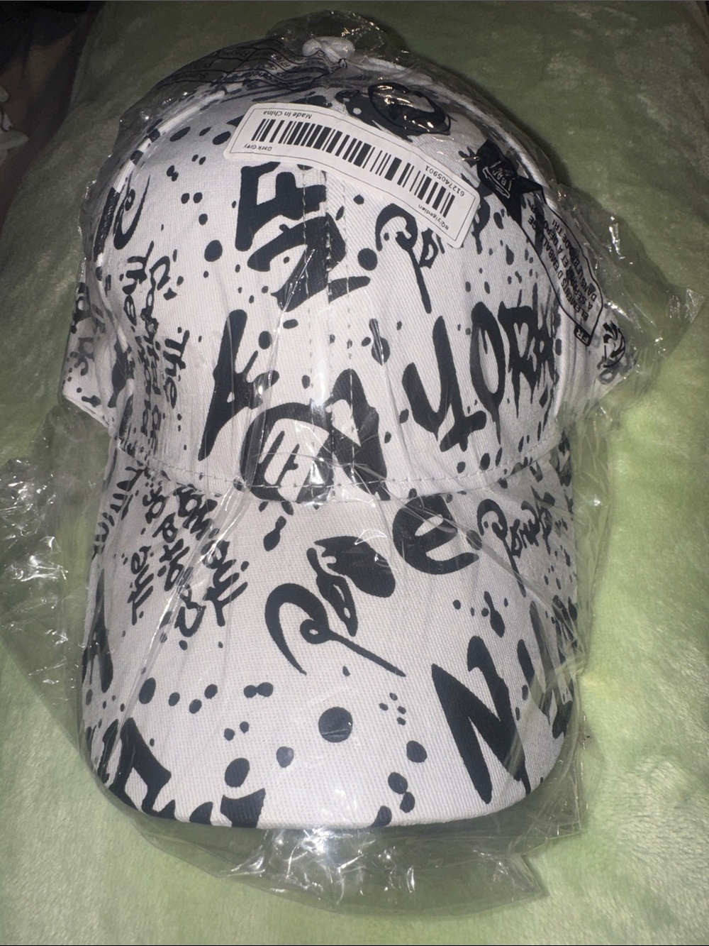 SHEIN NWT White Adjustable Cap with Black Graffiti Print